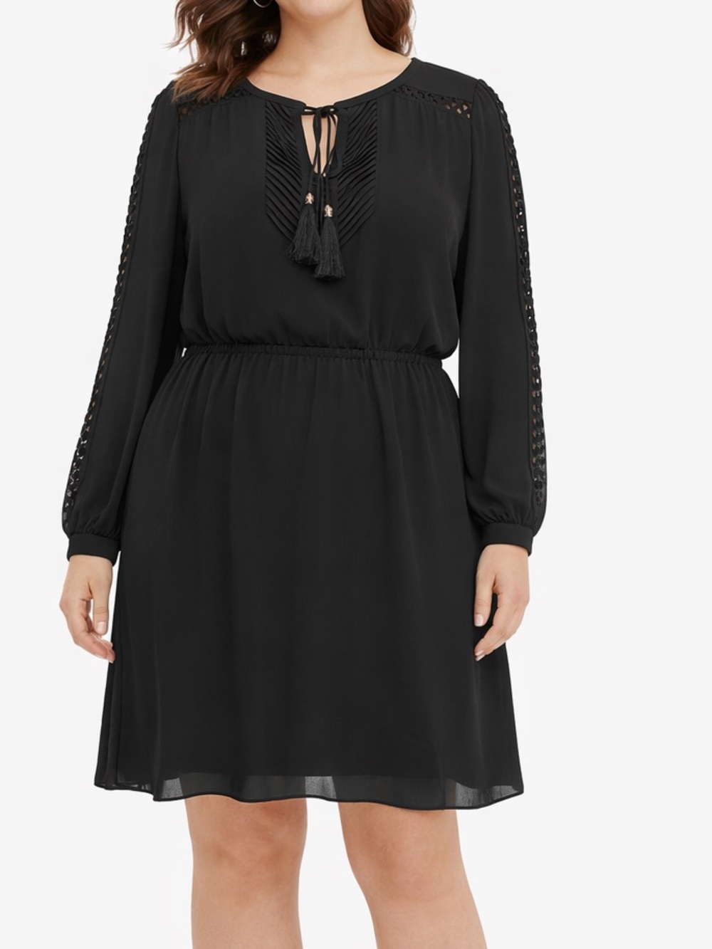 WHBM Black Cutout Lace Pleated Tassel Tie Dress Size 14